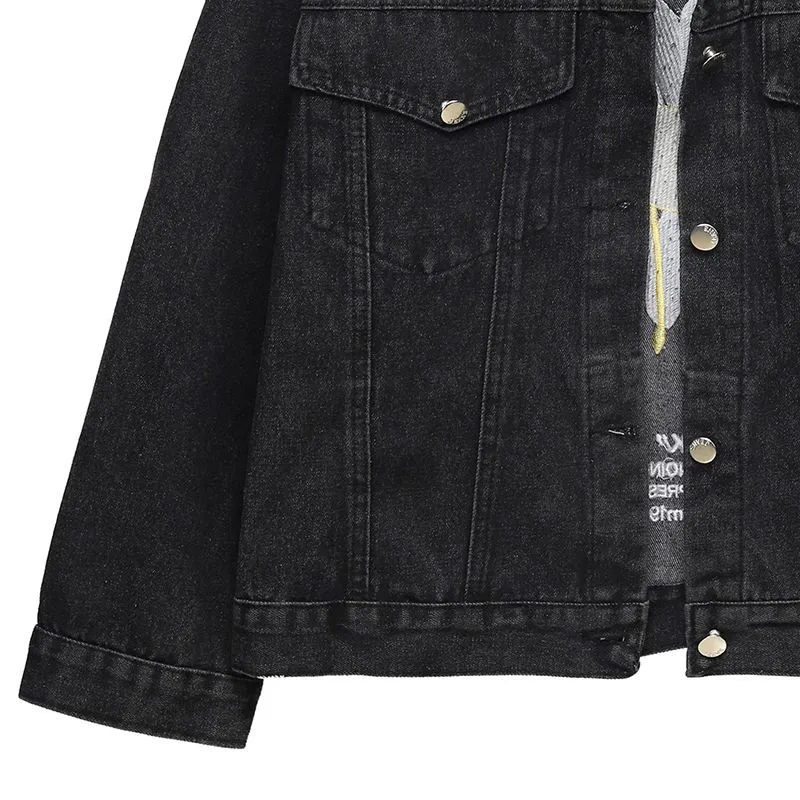 Женская джинсовая куртка с вышивкой черная Повседневная демисезонная Свободная