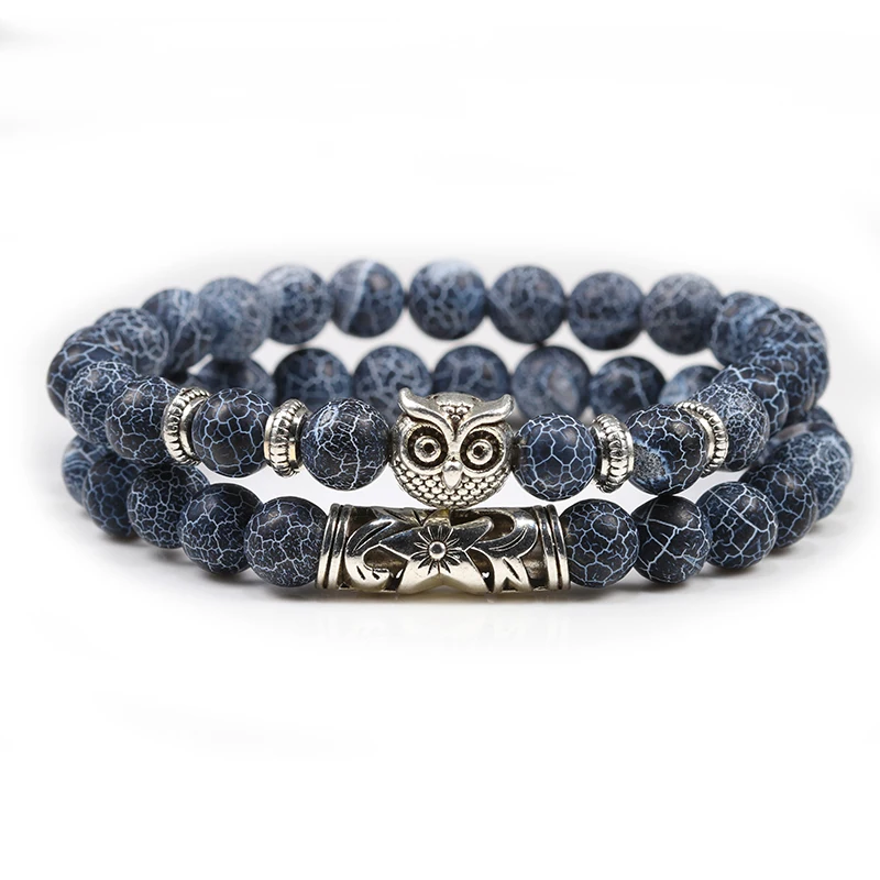 Мужской браслет с натуральным камнем черный из бисера гематит крест Сова Лев