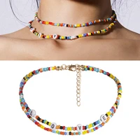 1pc bohemia multicolor rice beads necklace charm chains alphabet short necklace for women choker jewelry