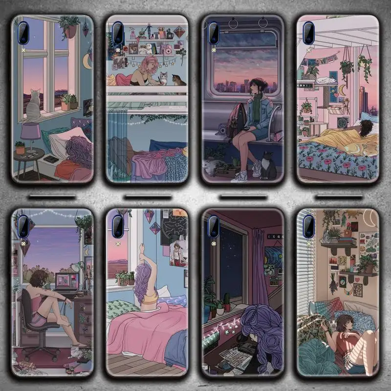 

Japanese style Art Aesthetic Girl Cat Phone Case For Vivo Y91c Y17 Y51 Y67 Y55 Y7s Y81 Y19 Y97 Y93 V17 vivos5
