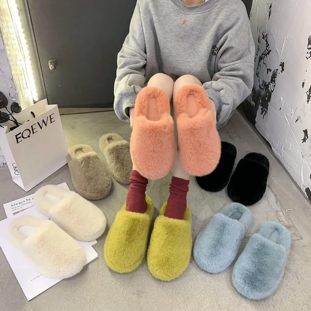 

Winter New House Women Half Fur Slippers Fashion Multicolor Faux Fur Warm Flat Shoes Slip on Home Bedroom Ladies Fuzzy Slipper