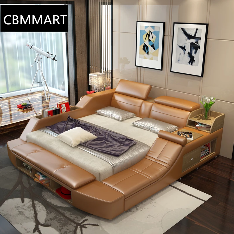 Black leather bed modern style bedroom sets with massage and speaker | Мебель