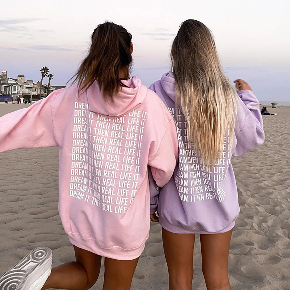 

Casual Loose Hoody for Women Letter Printing Long Sleeve Hoodie Autumn Winter Pocket Pullover Sweatshirt Pink Purple