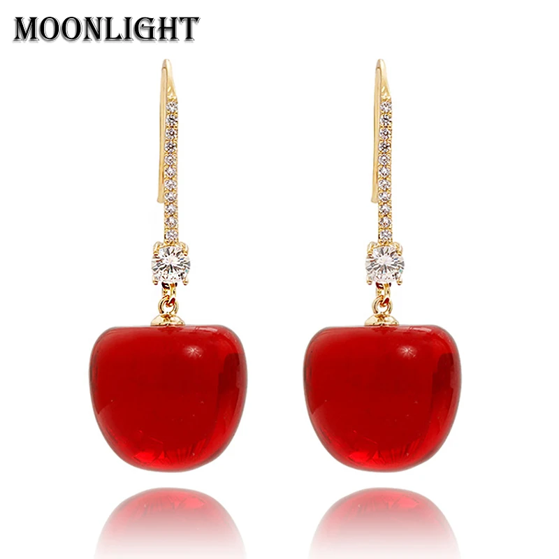 

Gold Plated S925 Flashing Rhinestone Red Earhook Women New Fashion Temperament Round Sweet Cherry Design Earrings Accessories
