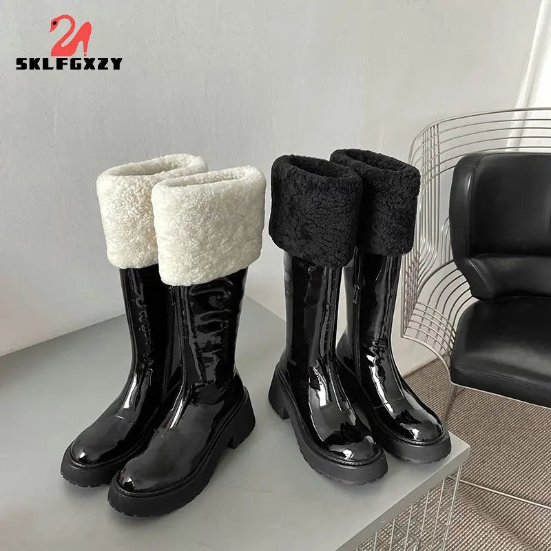 

Russia Winter Genuine Leather Boots Wool Fashion Knee High Boots Women Warm Natural Wool Boots Round Toe Snow Boots