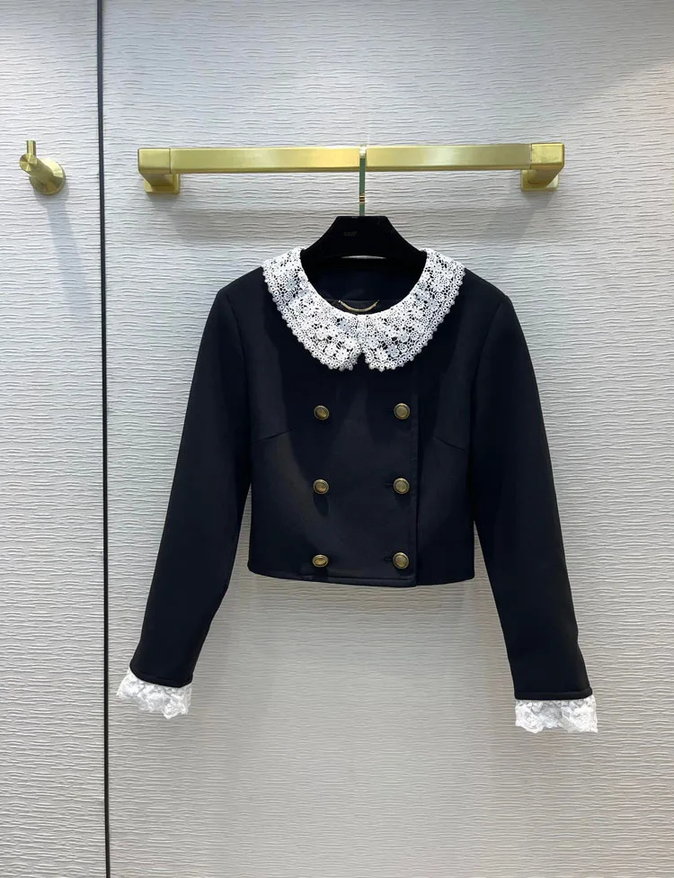 

High-end Brand Short Coats for Women Fashion Spliced Lace Cuffs Collar Black Coat Top Quality 3D Cut Slim Coats Lady Autumn 2021