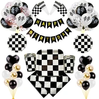 black white racing car deco servies chess disposable tableware set checkered flag party supplies ballons decoration birthday