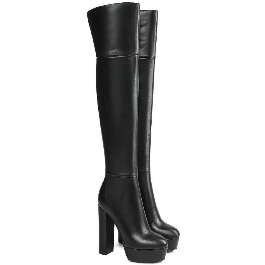 

Women Genuine Leather High Heel Over The Knee High Motorcycle Boots Female Winter Warm Platform Thigh High Chunky Pumps Shoes