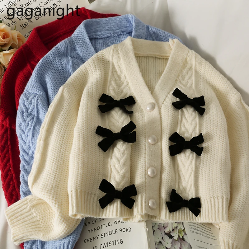 

Gaganight женский кардиган с бантом, милые девушки, Осень-зима, корейская мода, кардиган, однотонные кроп-топы, 2021, новая верхняя одежда, свитер, ш...
