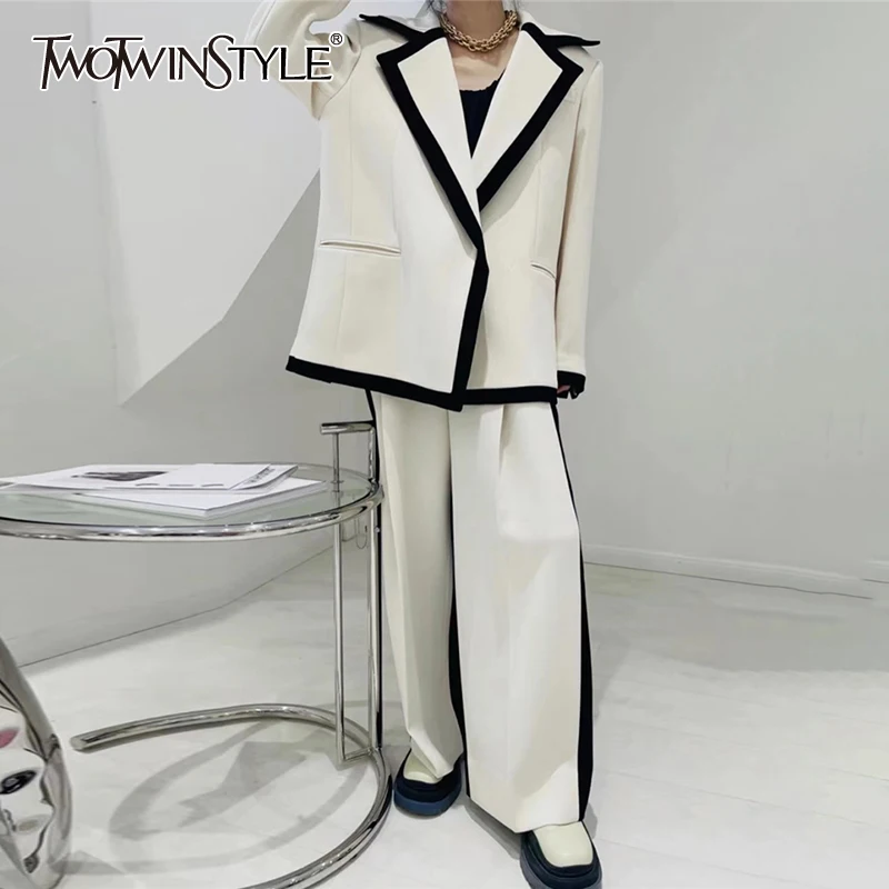 

TWOTWINSTYLE Hit Color Casual Set For Women Notched Long Sleeve Blazer High Waist Straight Wide Leg Pants Female Sets Fashion