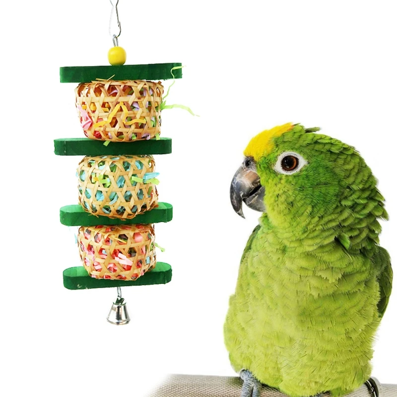 

Parrot Shredder Paper Toys Hanging Wood Rattan Foraging Chewing Toy Bird Bite with Bells Cage Accessories N7MB