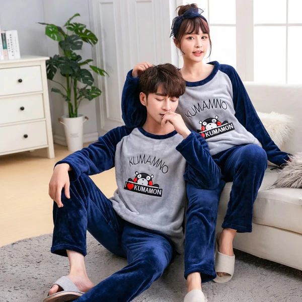 Зимняя Пижама для влюбленных пар с рисунками животных Фланелевая женщин и мужчин