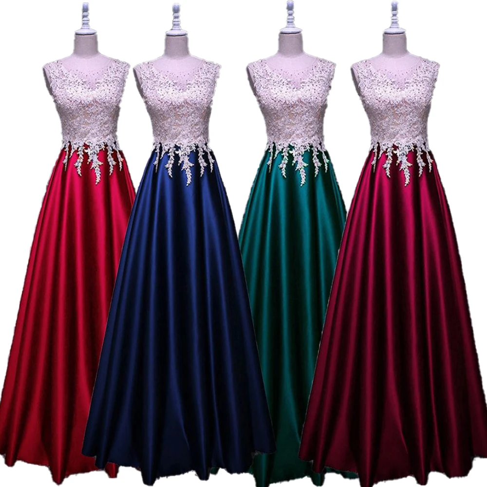 

Navy blue green burgundy wedding guest dress new Scoop neck lace satin A Line vestido madrinha long robe demoiselle d'honneur