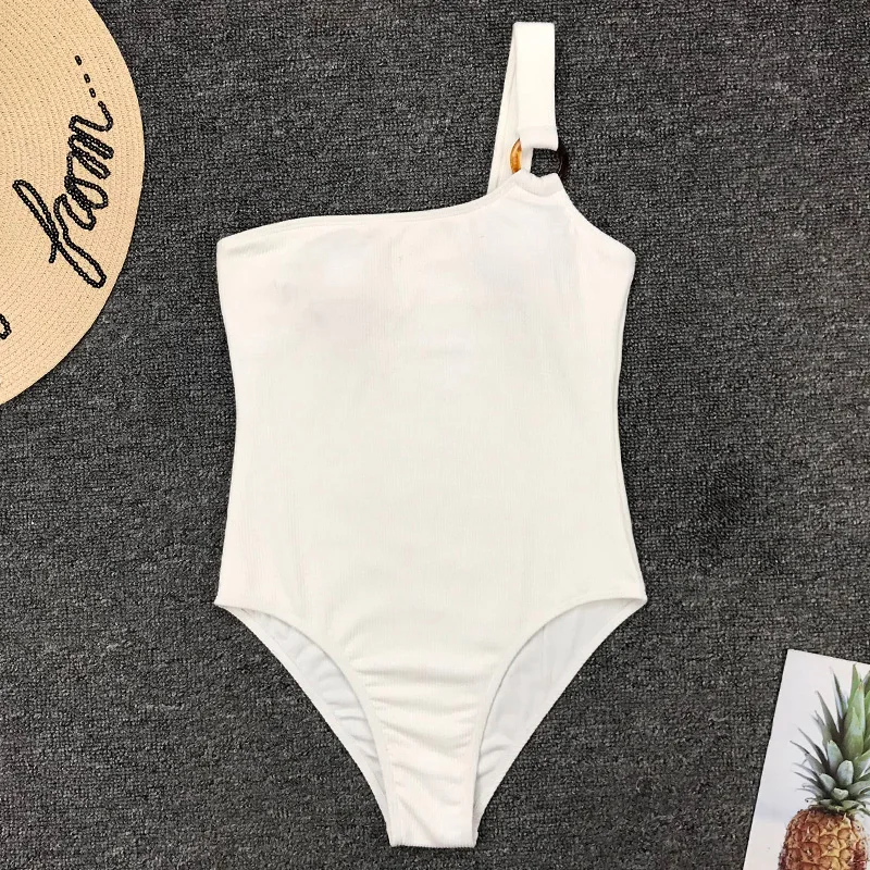 New Sexy Ribbed One Shoulder Female Swimwear One Piece Swimsuit Women Monokini High Cut Trikini Ring Bathing Suit Swim Bodysuit