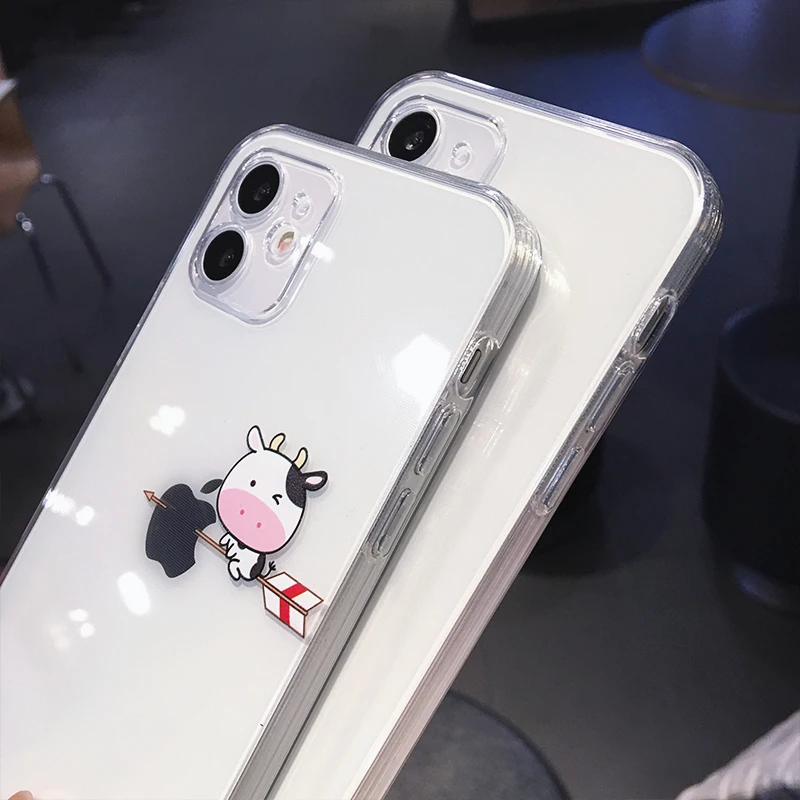 

Funny Cute Cartoon Cow Clear Phone Case For iPhone 12 Pro Max Mini 11 X XS XR 7 8 Plus Animal Couple Transparent Soft TPU Cover