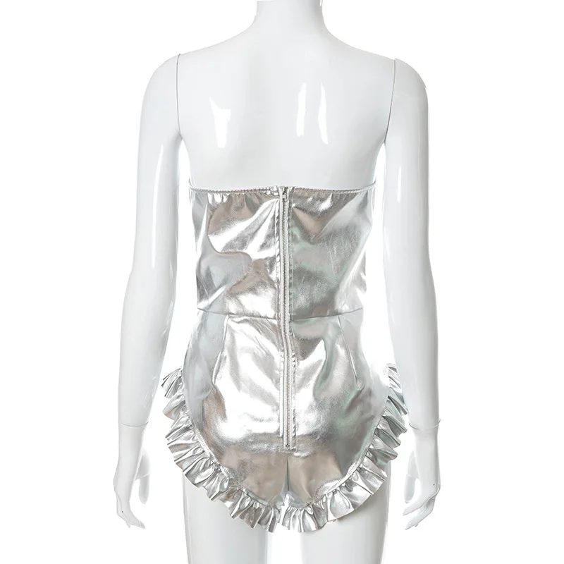 

Summer Women's One-piece Shorts New Solid Color Sexy Wood Ears V-shaped PU Leather One-piece Shorts Fashion Women's Clothing