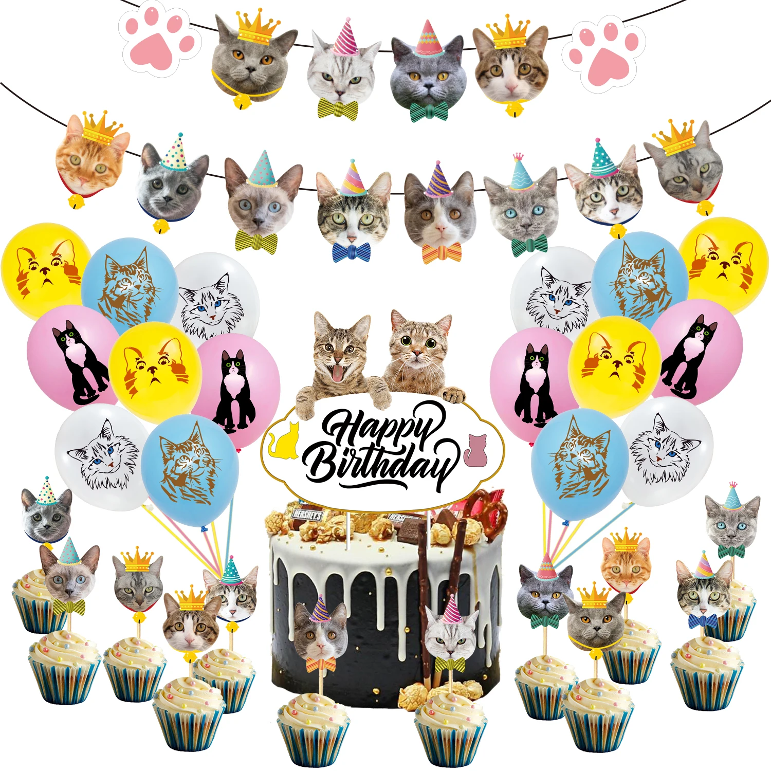 

Pet Cat Theme Birthday Party Supplies Cat Paper Banner Cupcake Toppers Latex Balloons Pet Kitten Cute Birthday Party Decorations