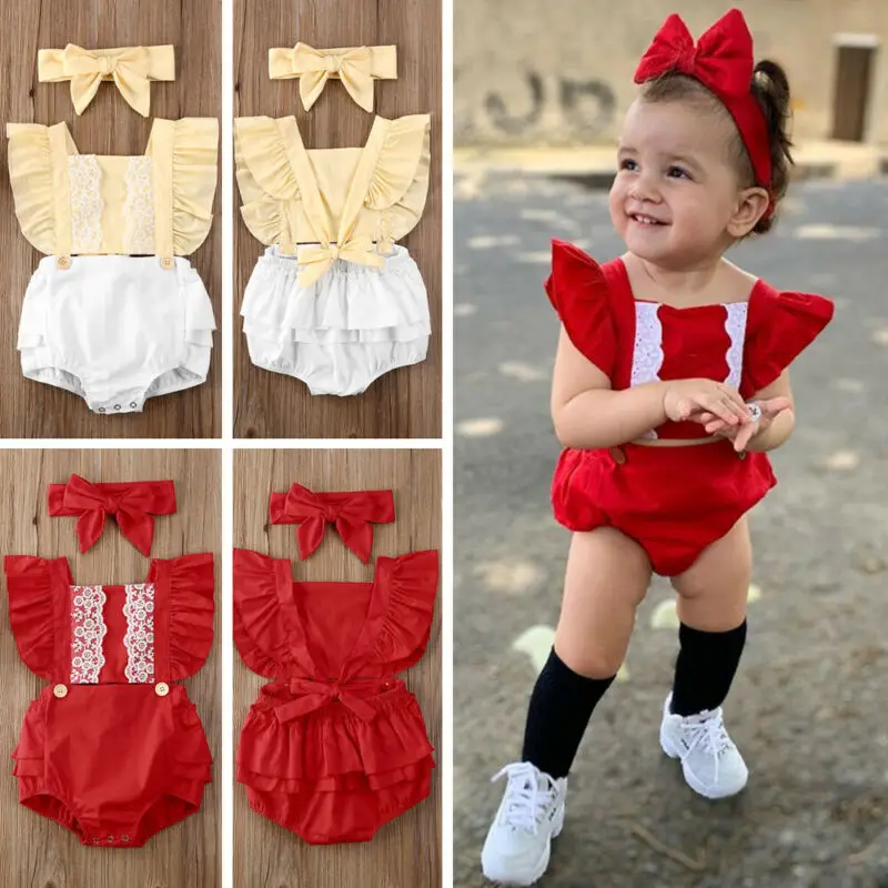 

Комплект из 2 предметов; Летняя одежда для новорожденных девочек; Кружевной комбинезон с оборками