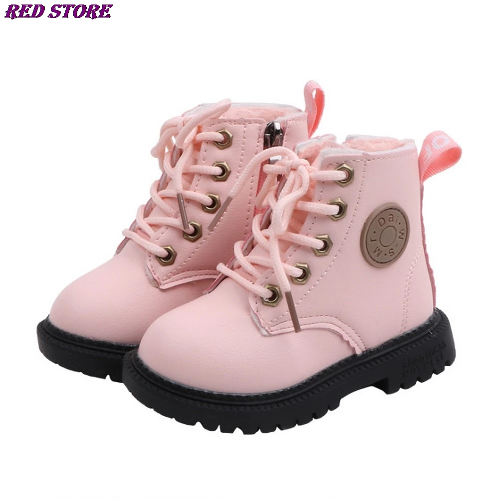 

Teenage Boots Children Plush Shoes For Boys PU Leather Girls Kids Martin Boots Winter New Toddler Baby Soft Bottom Short Boots