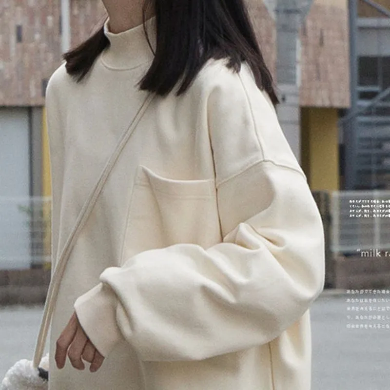 

Pure Color Half High Collar Plush 2022 Autumn And Winter New Fashion Lazy Loose Casual All-match Shirt T-shirt Women's Clothing