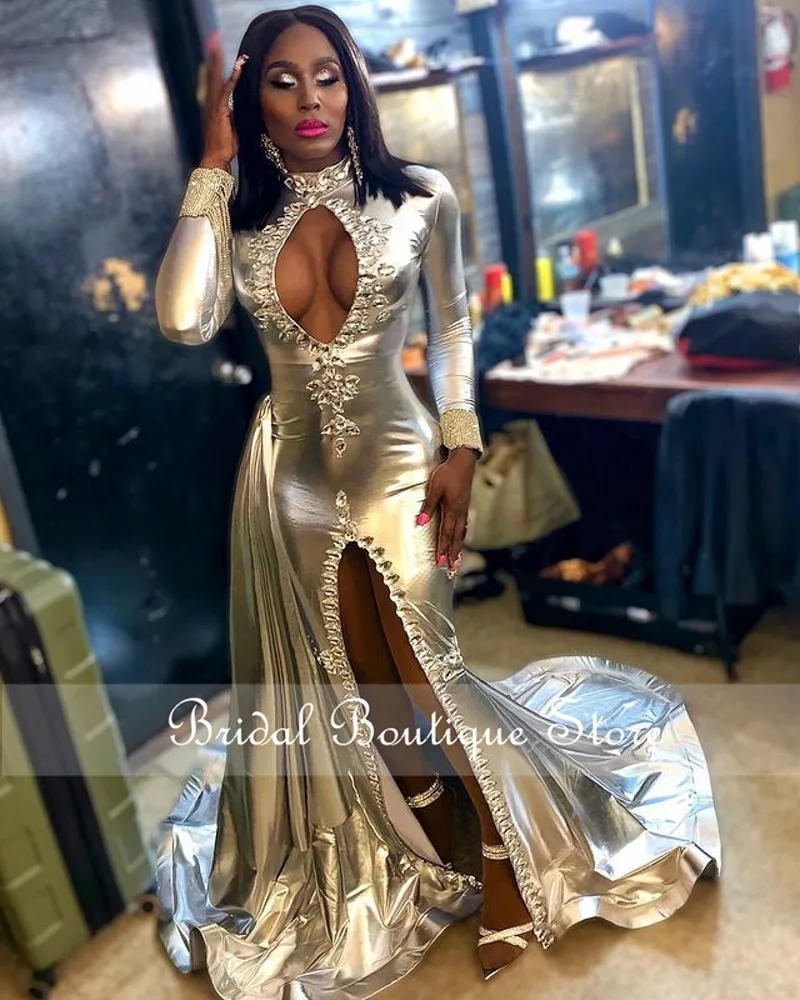 

Sexy Front Split Prom Dresses 2021 Halter Beaded Long Sleeves Girls Pageant Formal Party Gowns robe de soiree Evening Wear