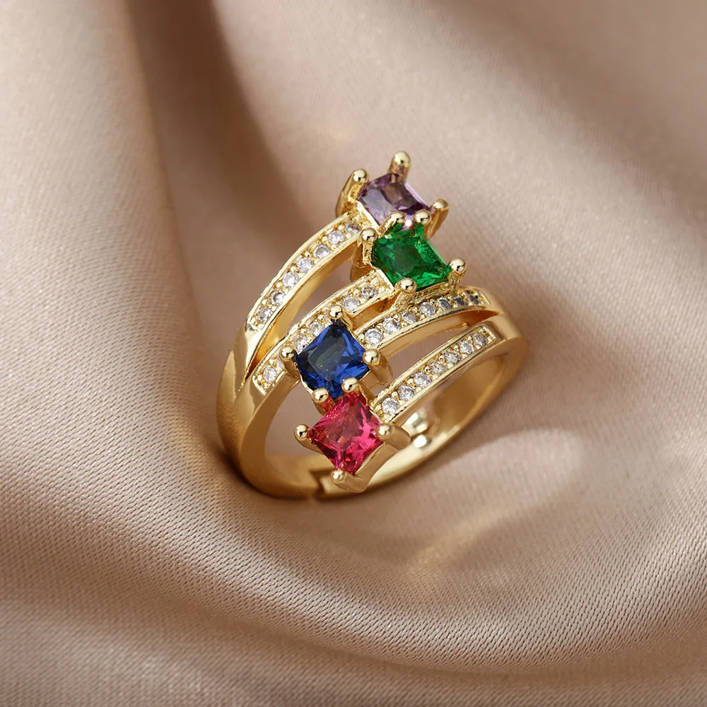 

Multicolored Stone Zircon Geometric Rings For Women Aesthetic Open Adjustable Gold Ring Luxury Jewelry Wedding Gift Bijoux Femme