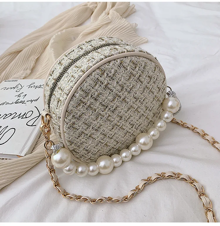 bolsos модные женские сумки-почтальон, круглая сумка на плечо, дизайнерская сумка через плечо, твидовые сумки для женщин, жемчужное колье, сумка