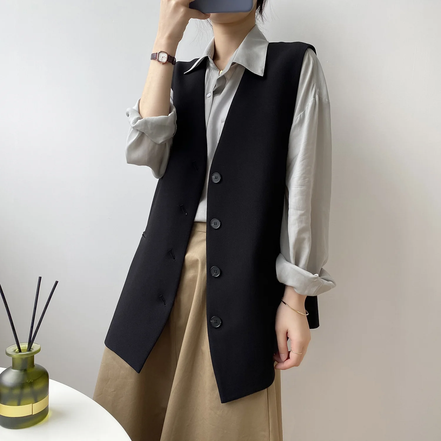 Женская однобортная рубашка поло свободное элегантное пальто без рукавов с V