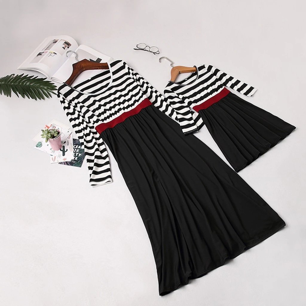 Осеннее женское платье до щиколотки для мамы и дочки с длинным рукавом полосатым