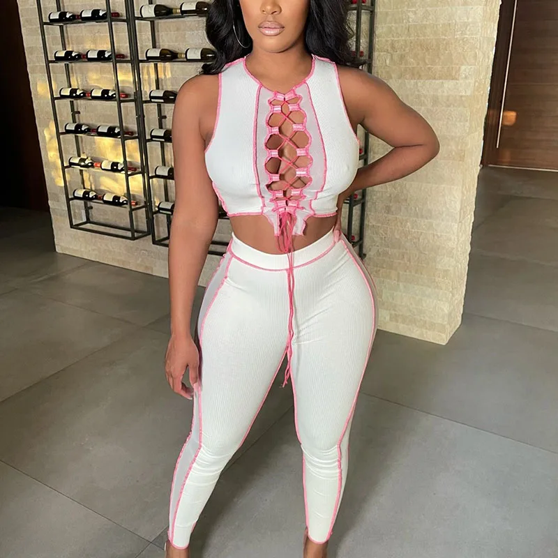 

Sexy Knitted Bandage Crop Top Pencil Pant Suits Club Outfits for Women Matching Sets Bodycon Birthday Two Piece Set Track Suit