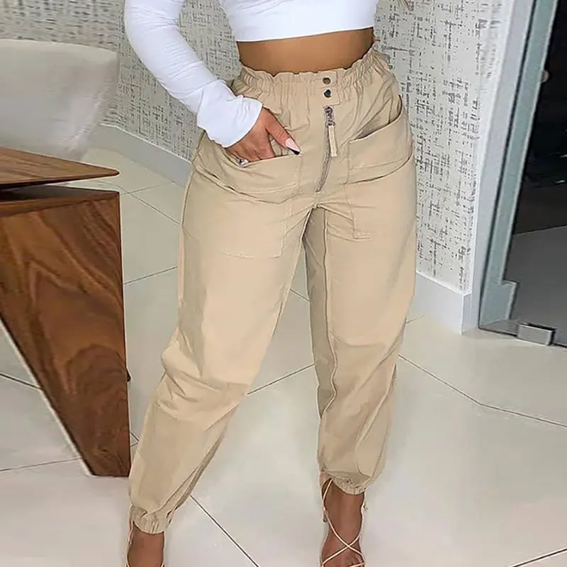 

Брюки-карго Женские однотонные, с завышенной талией, на молнии, с карманами