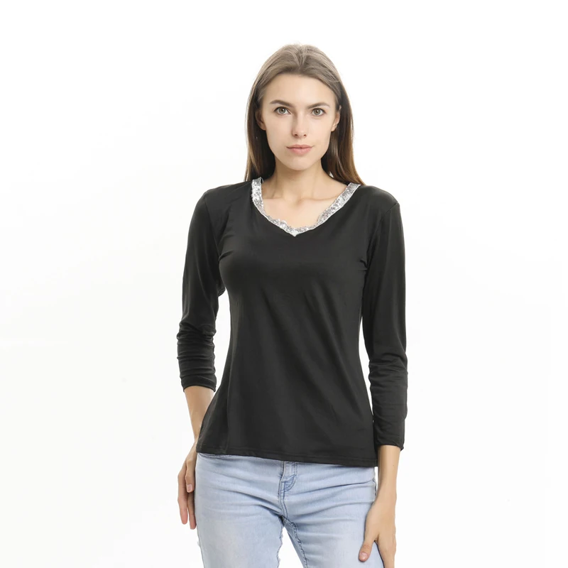 Модная женская рубашка Повседневная Сексуальная футболка в блестках с длинными