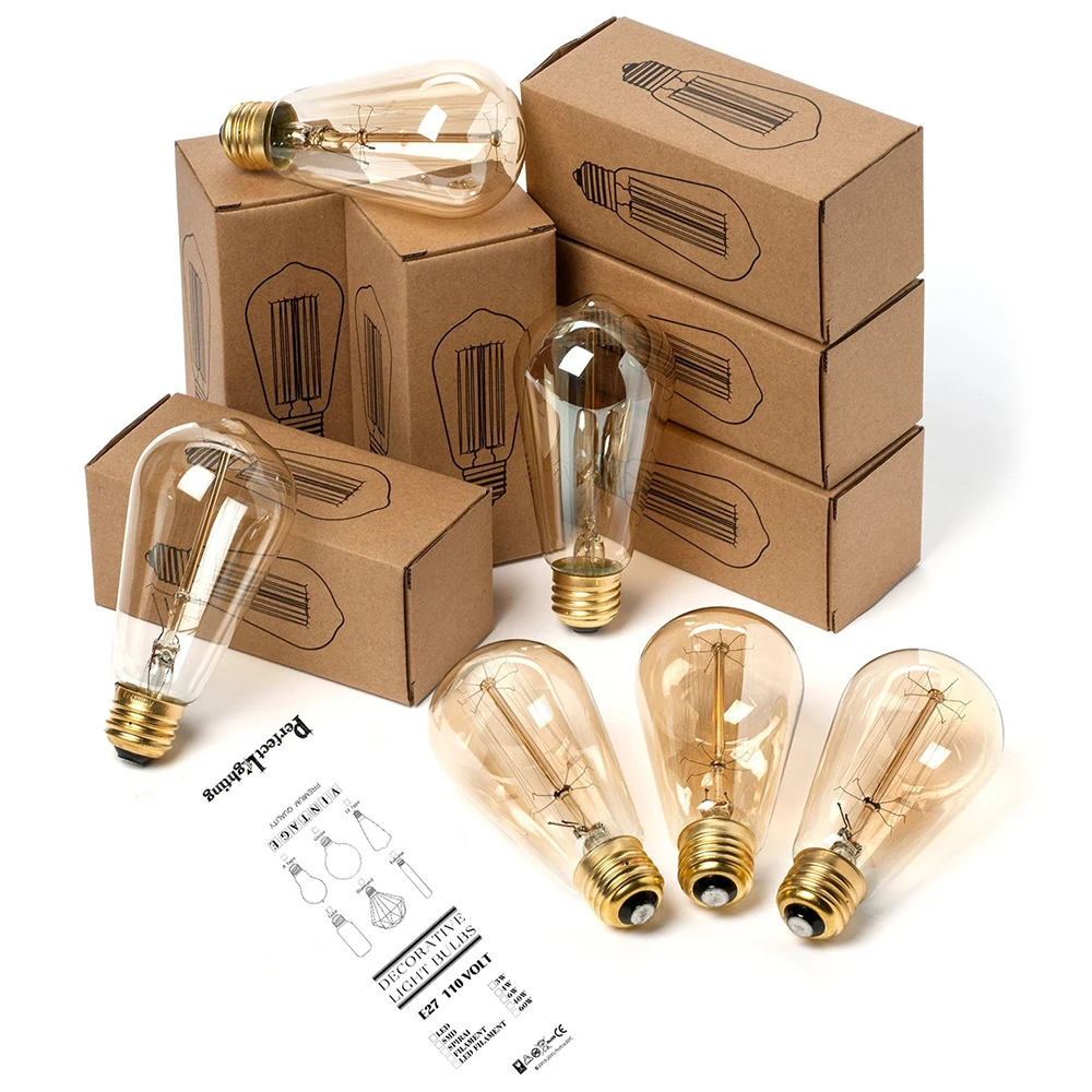 Ретро лампа Эдисона E27 220V 110V 40W ST64 G80 G95 T10 T45 диммируемая Ampoule винтажная накаливания