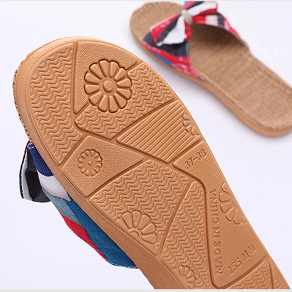

Woman Linen Slippers Bohemian Style Bowknot Flat Heels Beach Shoes Comfort Open Toe Outdoor Beach Ladies Shoes