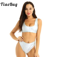 tiaobug women shiny metallic patent leather sleeveless crop top with shorts sexy swimsuit adult festival rave pole dance costume