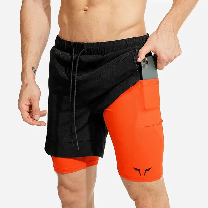 Summer new men's sports shorts 2 in 1 safety pocket sexy running shorts men's double layer breathable fitness training pants