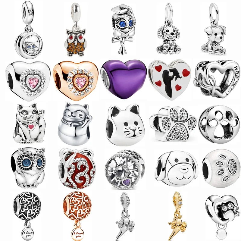 

New Owl Dog Paw Print Lucky Cat Teapot Heart Dangle Beads Fit Original Pandora Charms Silver Color Bracelets DIY Jewelry Women
