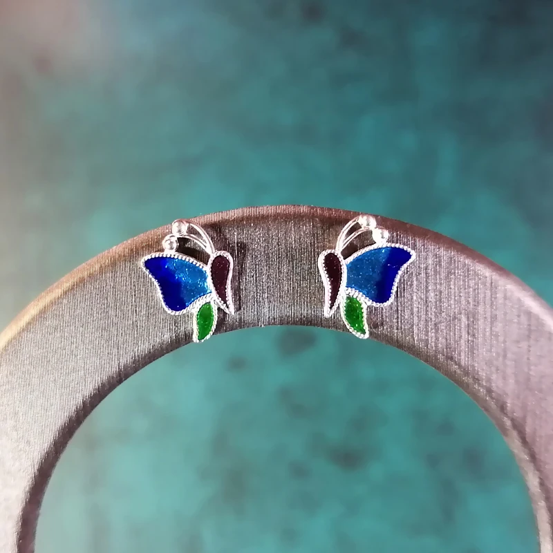 Женские серьги из серебра 999 пробы с синей бабочкой |