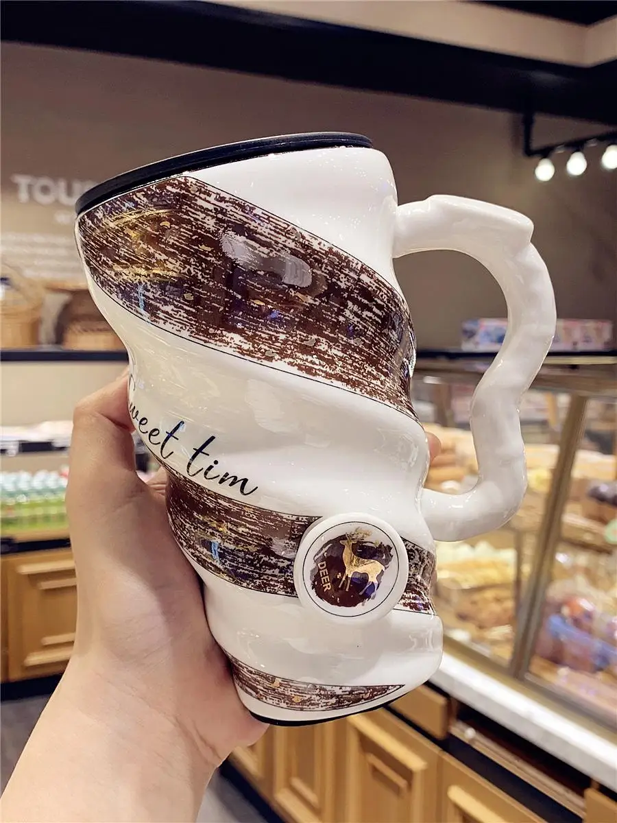

Creative men's and women's office ceramic cup couple handle with cover spoon coffee cup drinking water household milk Mug Cup