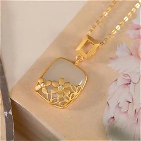 

Original S925 Sterling Silver Gilding Inlaid National Style Plum Blossom Female Pendant Hetian Jade Flower Collarbone Necklace