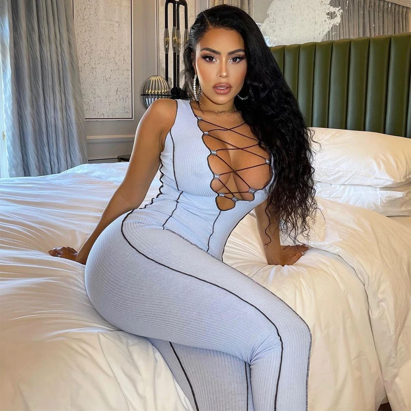 

2021 New Lace Up Deep V Neck Ribbed Rompers Womens Jumpsuit Sleeveless Sporty Skinny Athleisure Workout Summer Jumpsuits Fashion