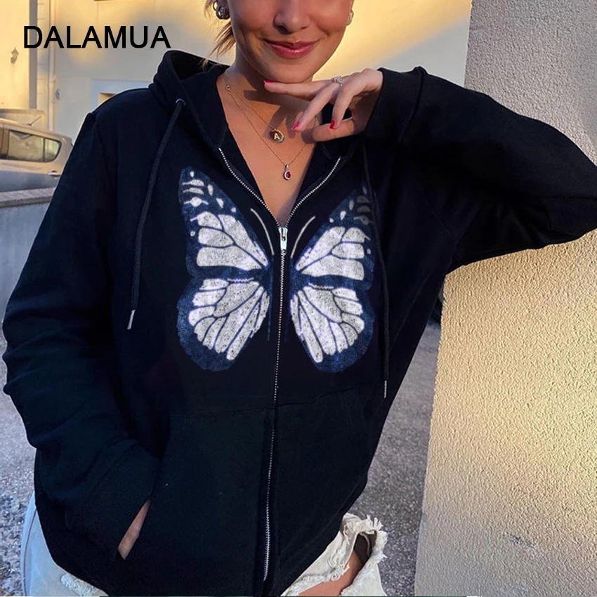 

Women Sweatshirts Hoodies Oversized Butterfly Street Wear Casual Long Sleeve 2021 Autumn Spring Zipper Female Hooded Sweatshirts