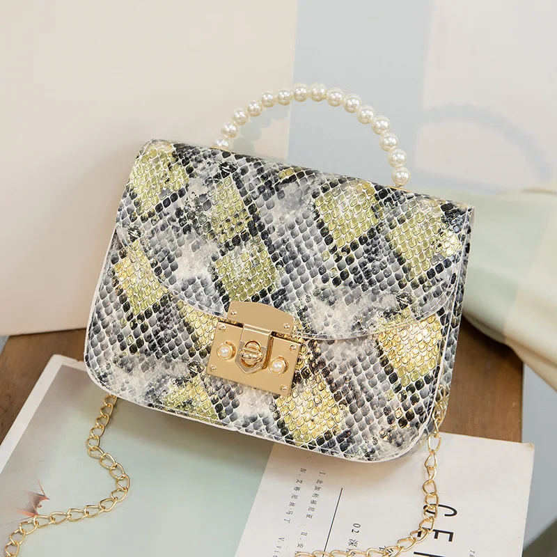 

Pearl Handle Mini Design PU Leather Shoulder Bags for Women 2021 Crossbody Chains Bag Travel Handbags Snakeskin Pattern A121