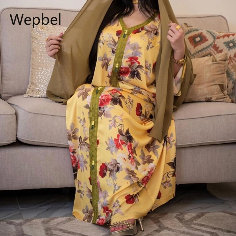 

Wepbel Middle East Ramadan Kaftan Women Muslim Abaya Dress Long Sleeve Printed Long Lace Robe Dress Islamic Clothing Muslim