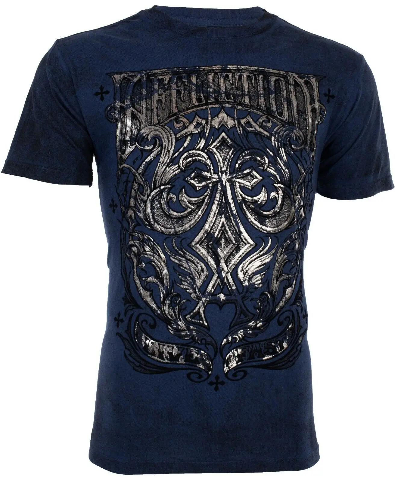 AFFLICTION Мужская футболка FLEUR FRAME Tattoo темно синий Мотоцикл Байкер UFC джинсы $58| |