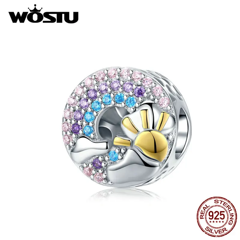 WOSTU, радужные и золотые солнцезащитные бусины, 925 пробы, Silve, шарм, подходит для женщин, браслет, подвеска, сделай сам, изготовление ювелирных изделий CQC1255