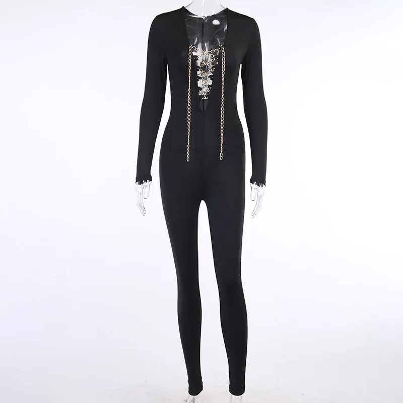

Hot Sale 2020 New Arrivals Women Winter Style Sexy Fashion Long Sleeve Chain Hollow Out Black Red Sexy Night Club Jumpsuits