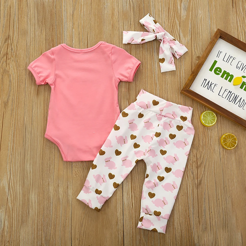

Pudcoco 2021 Easter 0-12M Baby Girl 3Pcs Set Bunny 1st Letter Print Pink Short Sleeve Bodysuit+Heart Rabbit Pants+Bow Clothes