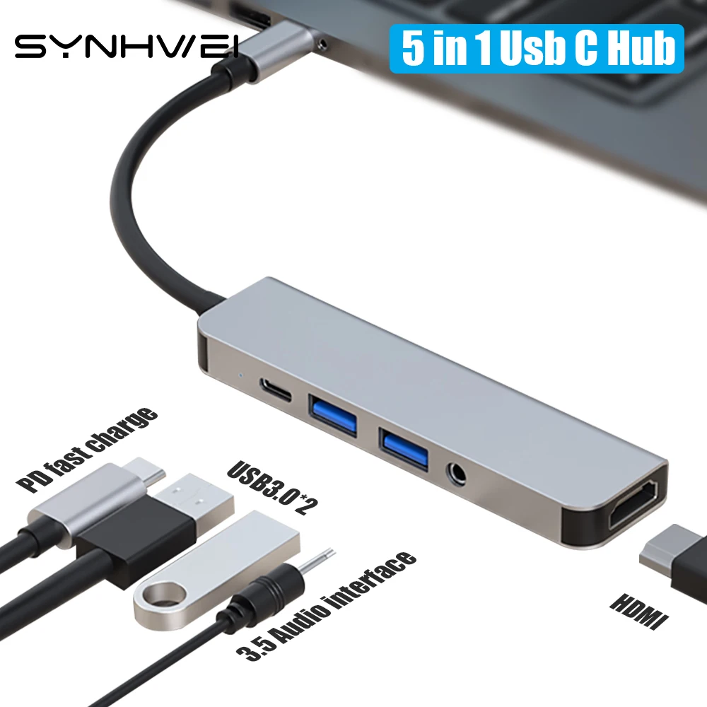 

5 in 1 USB C Hub For Laptop Adapter HDMI-4K PD Charge Docking Station With 3.5MM AUX PC Laptop Macbook Type-C Splitter