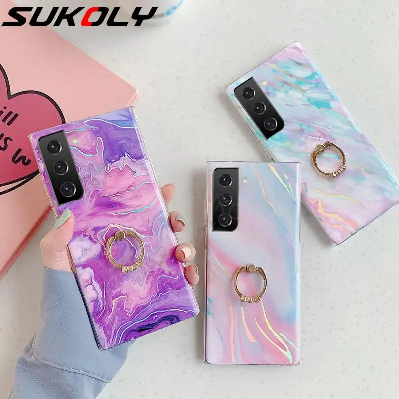 

For Samsung Galaxy S21 Plus S20 FE Note 20 Ultra Laser Marble Finger Holder Mobile Phone Case TPU Back Cover Samsung A51 A71 A70